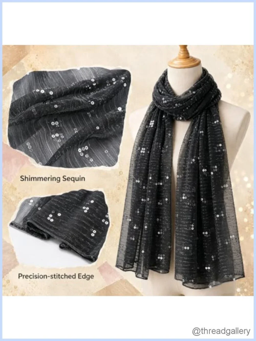 Sequin Neck Scarf for Women Lightweight Sheer Fashion Scarf 70.8x31.5